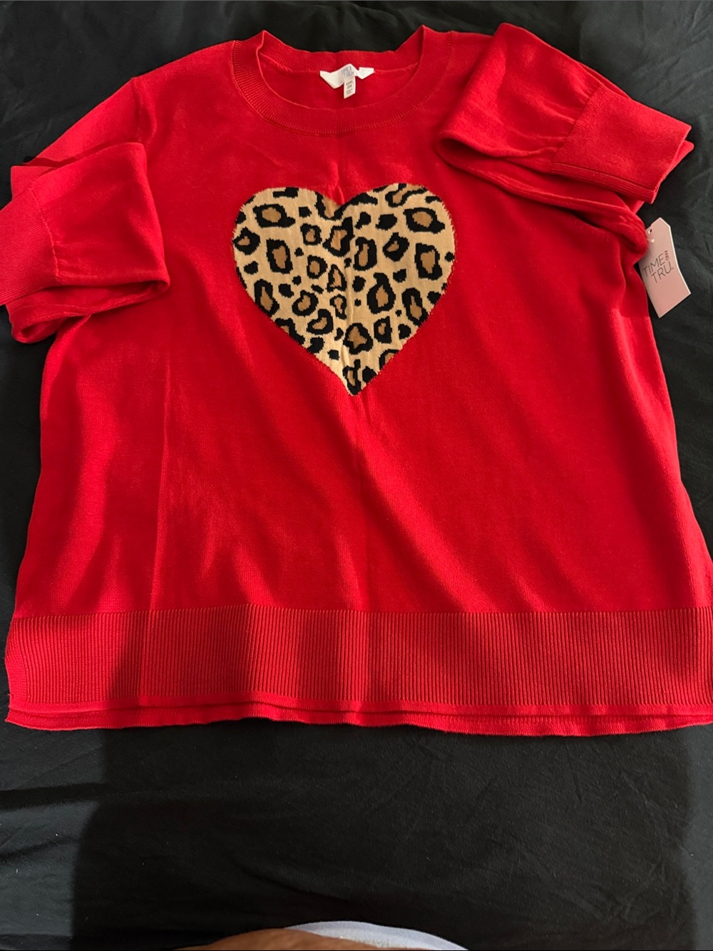 Time and Tru Red Crewneck Sweater with Leopard Heart